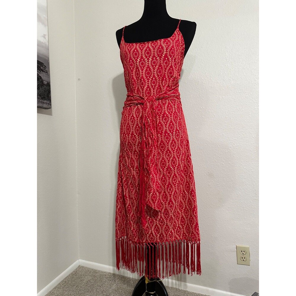 Shore Brand Red White Geometric Medallion Dress S Small Fringe Hem Crossback Tie